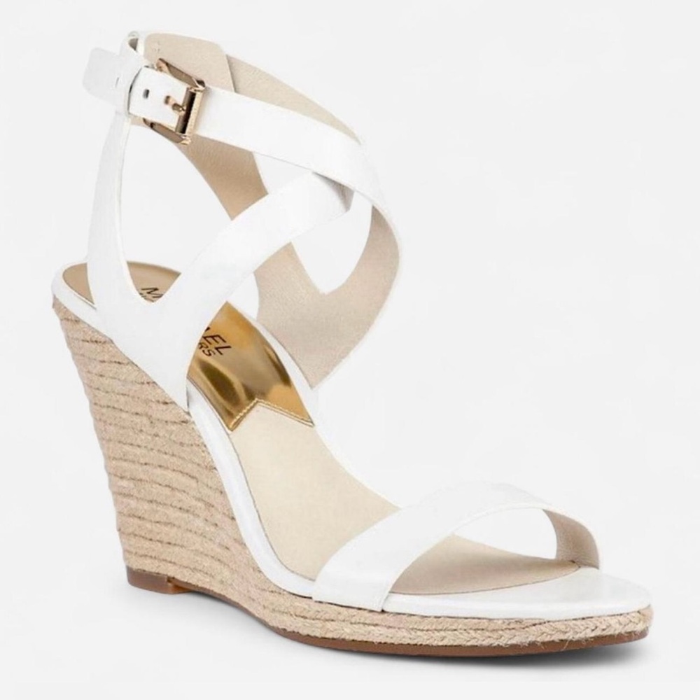 Michael Kors White Leather Wedge Sandals with Crisscross Straps